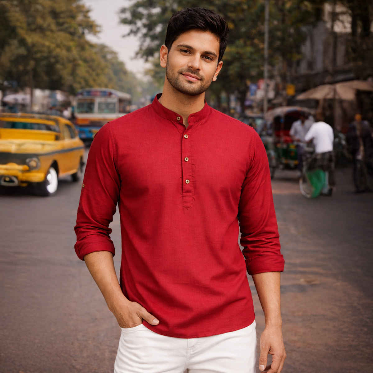 Vastramay Men's Cotton Blend Short Kurta for Eid | Maroon - M