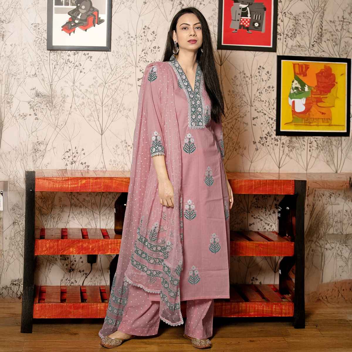 GoSriKi Women's Rayon Blend Straight Printed Kurta with Pant & Dupatta | BELAGAVI | Purple - L