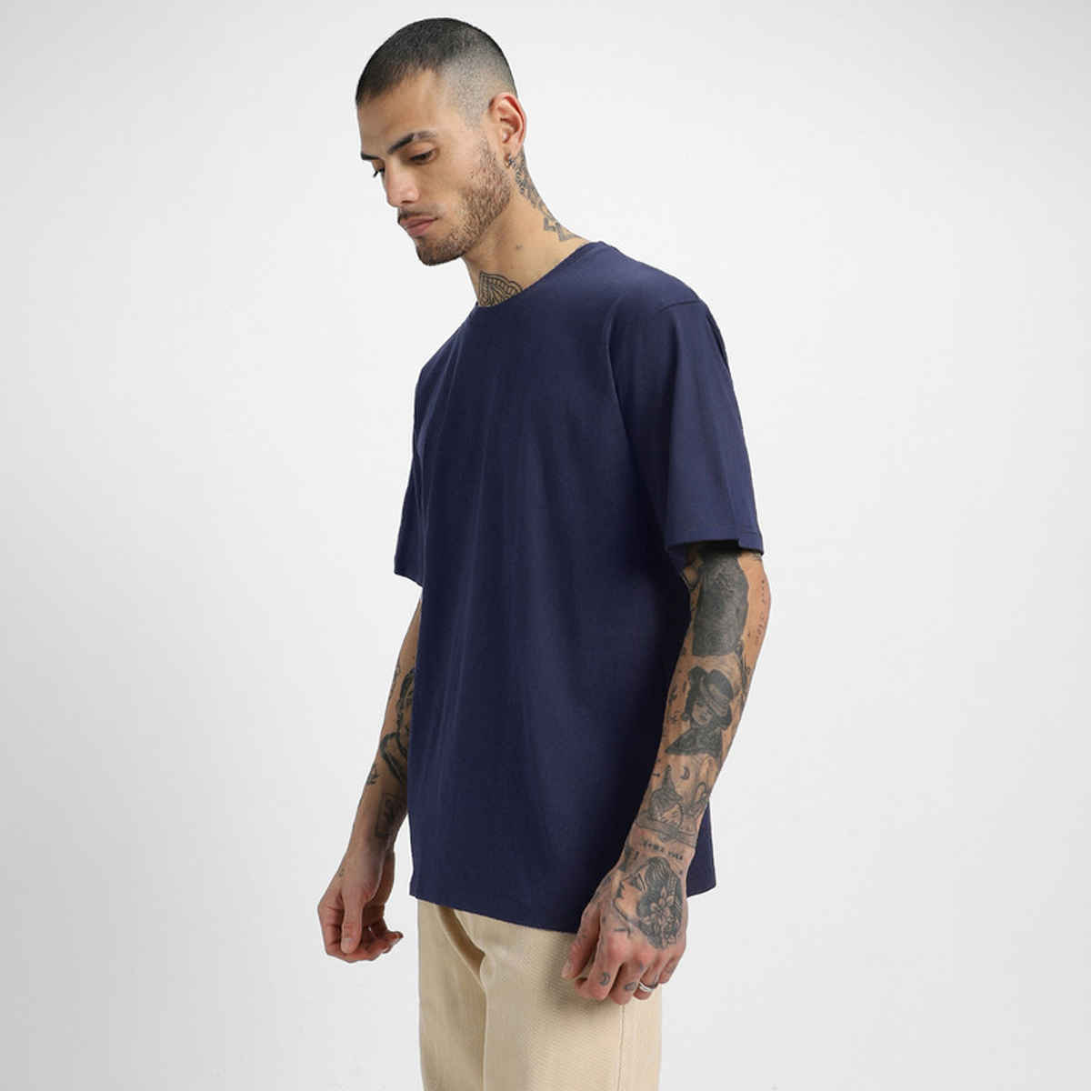 Veirdo Pure Cotton Oversized Fit Round Neck Navy T-Shirt For Men - M
