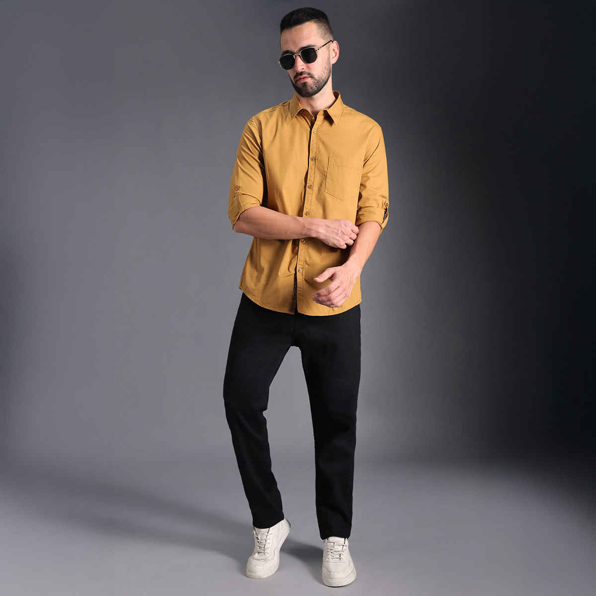 High Star Men's Roll Up Sleeves Pure Cotton Casual Shirt | Mustard - 42