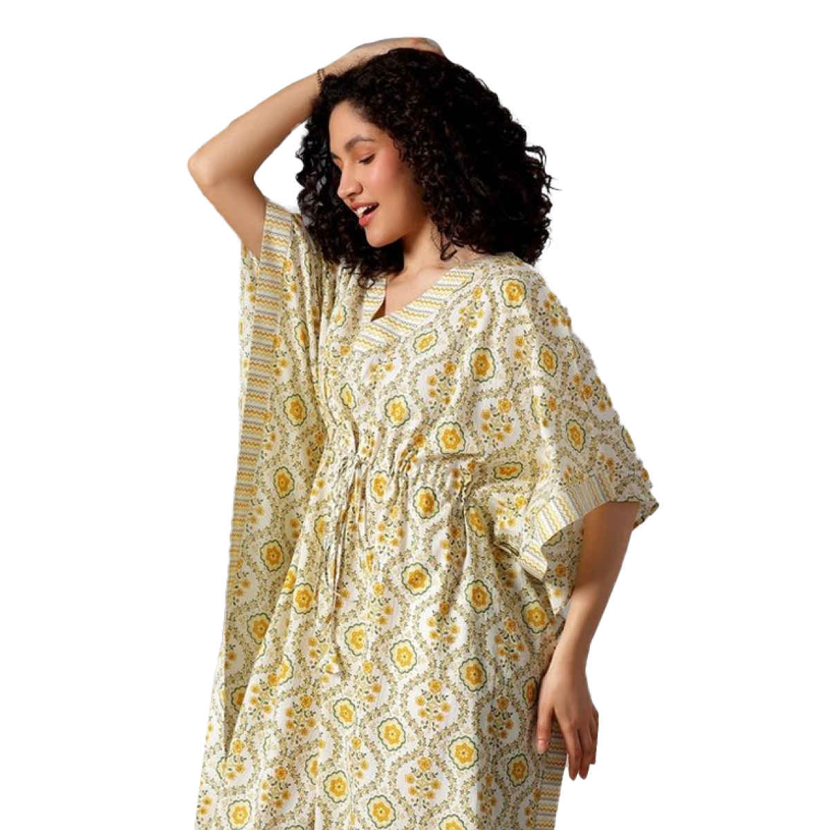 Libas Women's Floral Printed Kaftan With Drawstring and Kimono Sleeves | Yellow White | Onesize