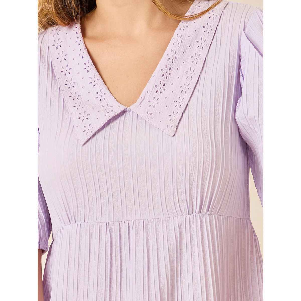Styli Women's Collared Midi Dress with Puff Sleeves | Lilac - S