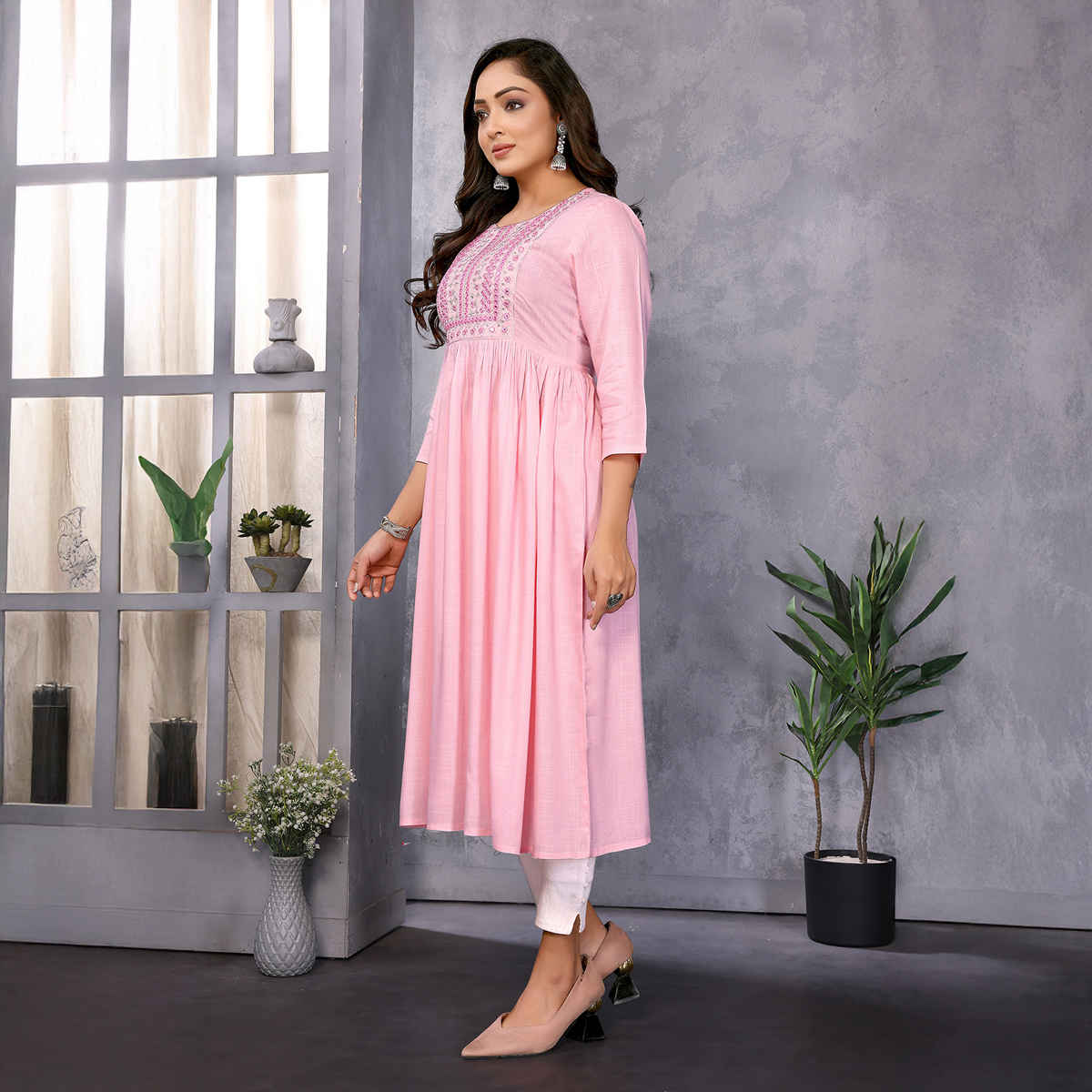 Rangita Women's Rayon Embroidered Flared Calf Length Kurta | Pink - XL