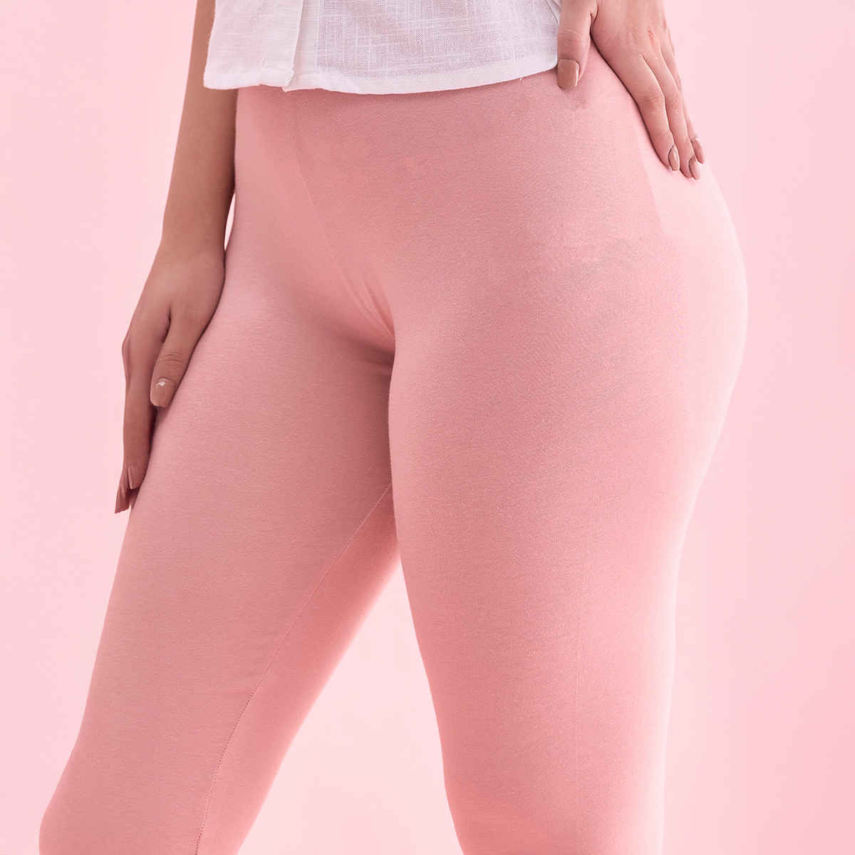 Go Colors Women's Solid Mid Rise Ankle Length Leggings | Baby Pink - XL