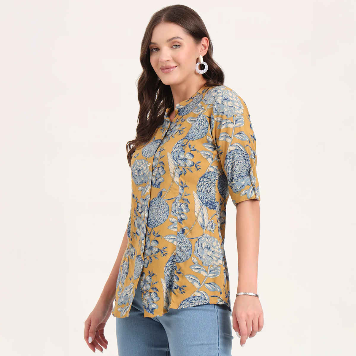 Divena Women's Rayon Rollup Sleeves A-Line Top | DBK1439 | Mustard - S