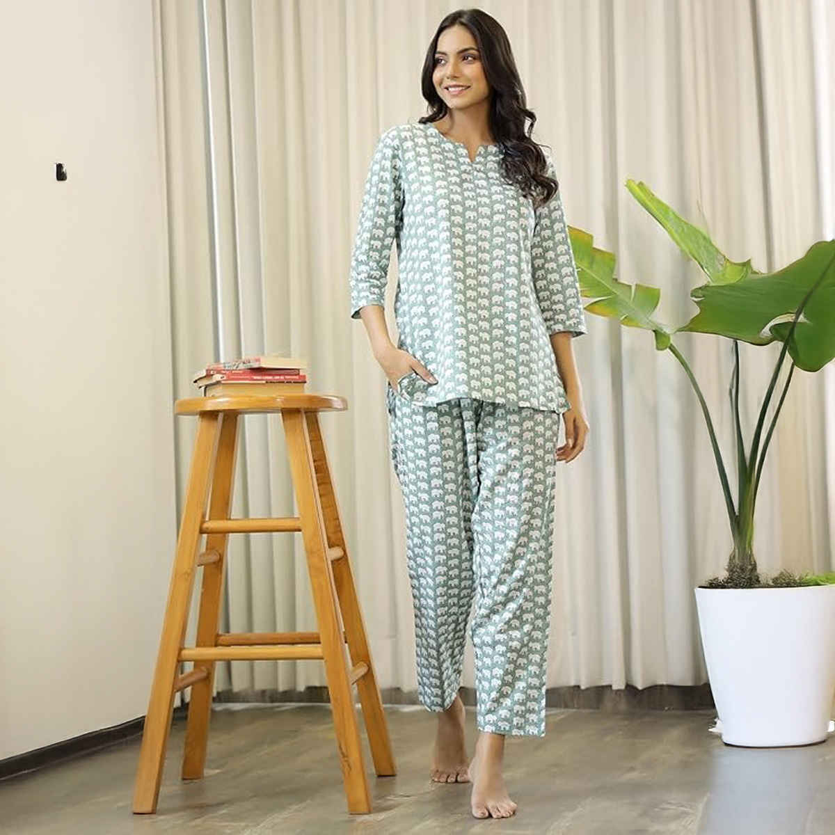 Sanskrutihomes Women's Printed Pure Cotton Night Suit | Green - XL