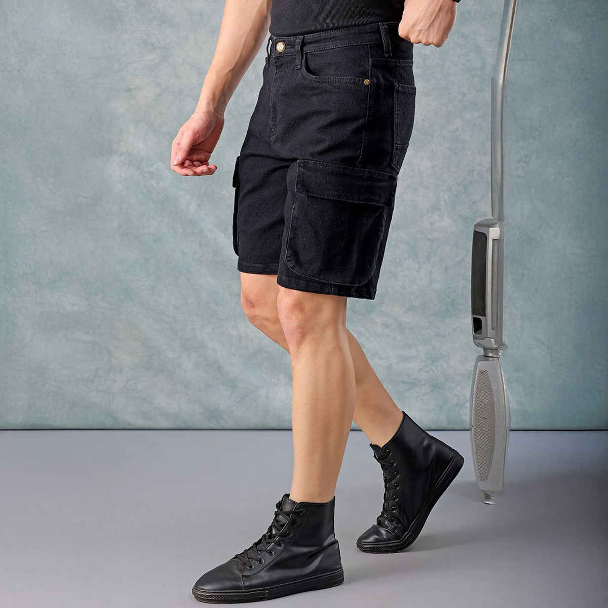 The Indian Garage Co Men's Regular Fit Solid Casual Shorts | Black - 30