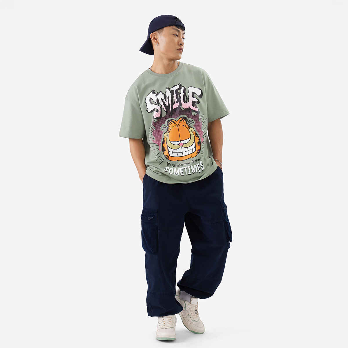 The Souled Store Men's Garfield Smile Oversized T-shirt | Green - S
