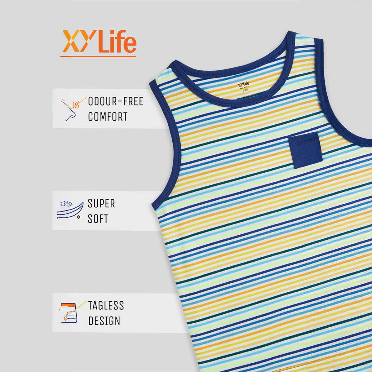 XY Life Kids Outer Vest for Boys, Antimicrobial Finish - Multi Stripes | 5-6Y | Pack Of 3