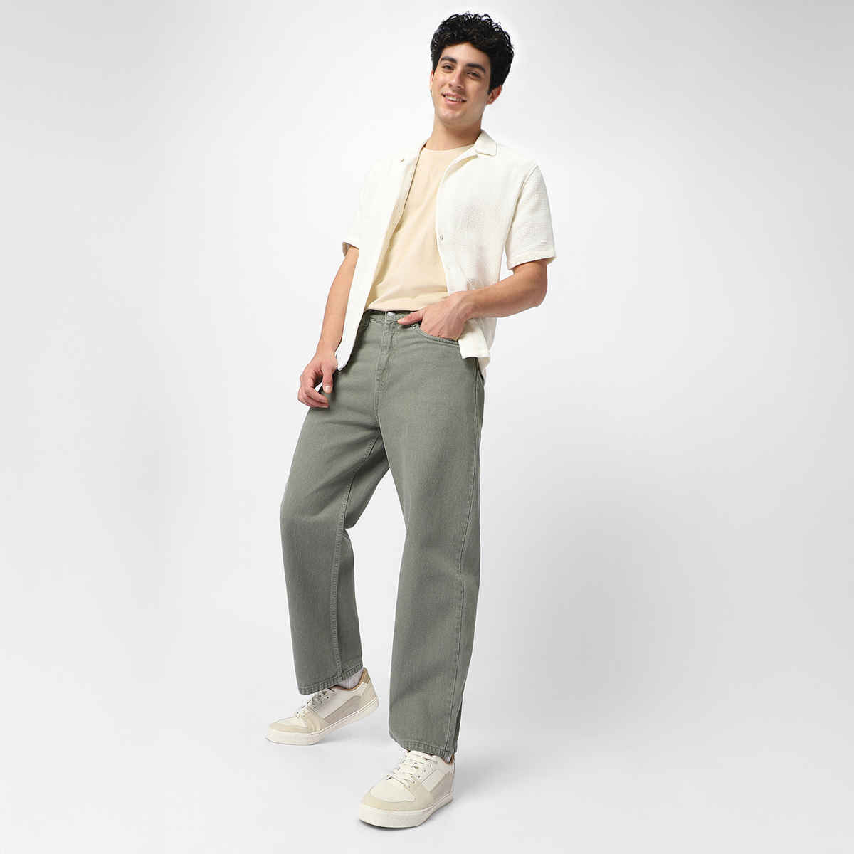 Urbano Fashion Men's Olive Green Loose Baggy Fit Washed Jeans Non-Stretchable-28