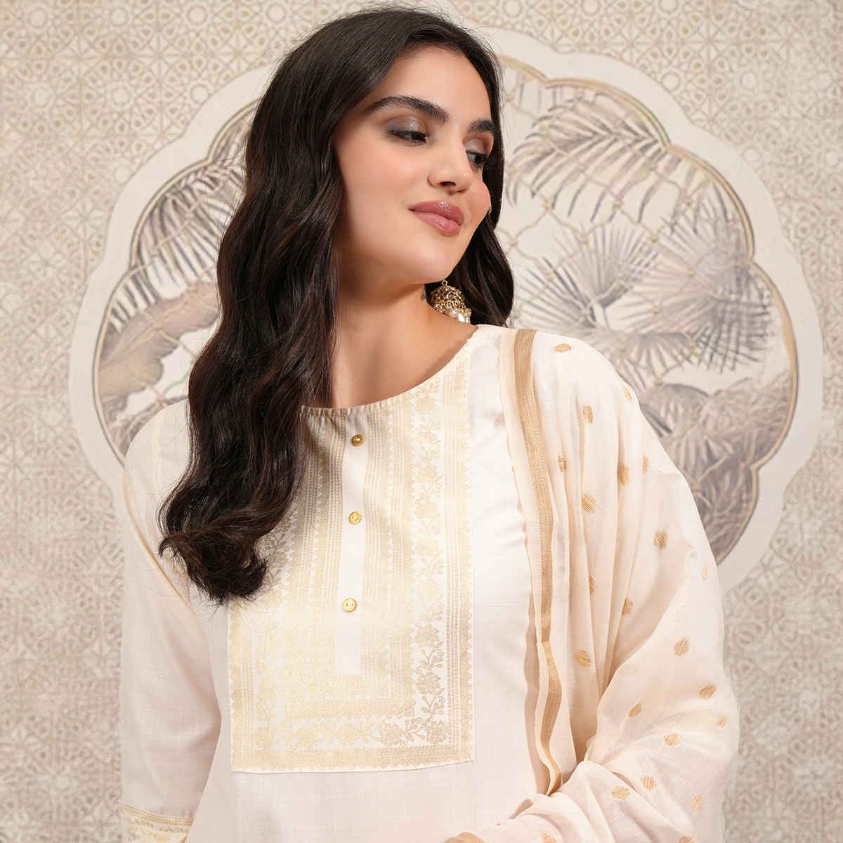 Vishudh Women's Foil Print Straight Kurta with Cropped Palazzo with Dupatta | PVK3000037 | Cream -L