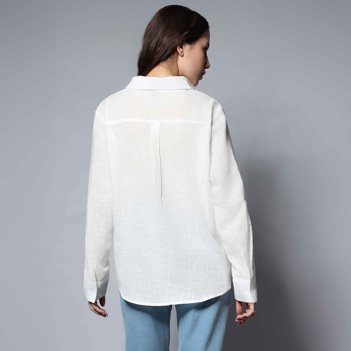 High Star Women's Solid Long Sleeves Oversized Casual Shirt | White - L