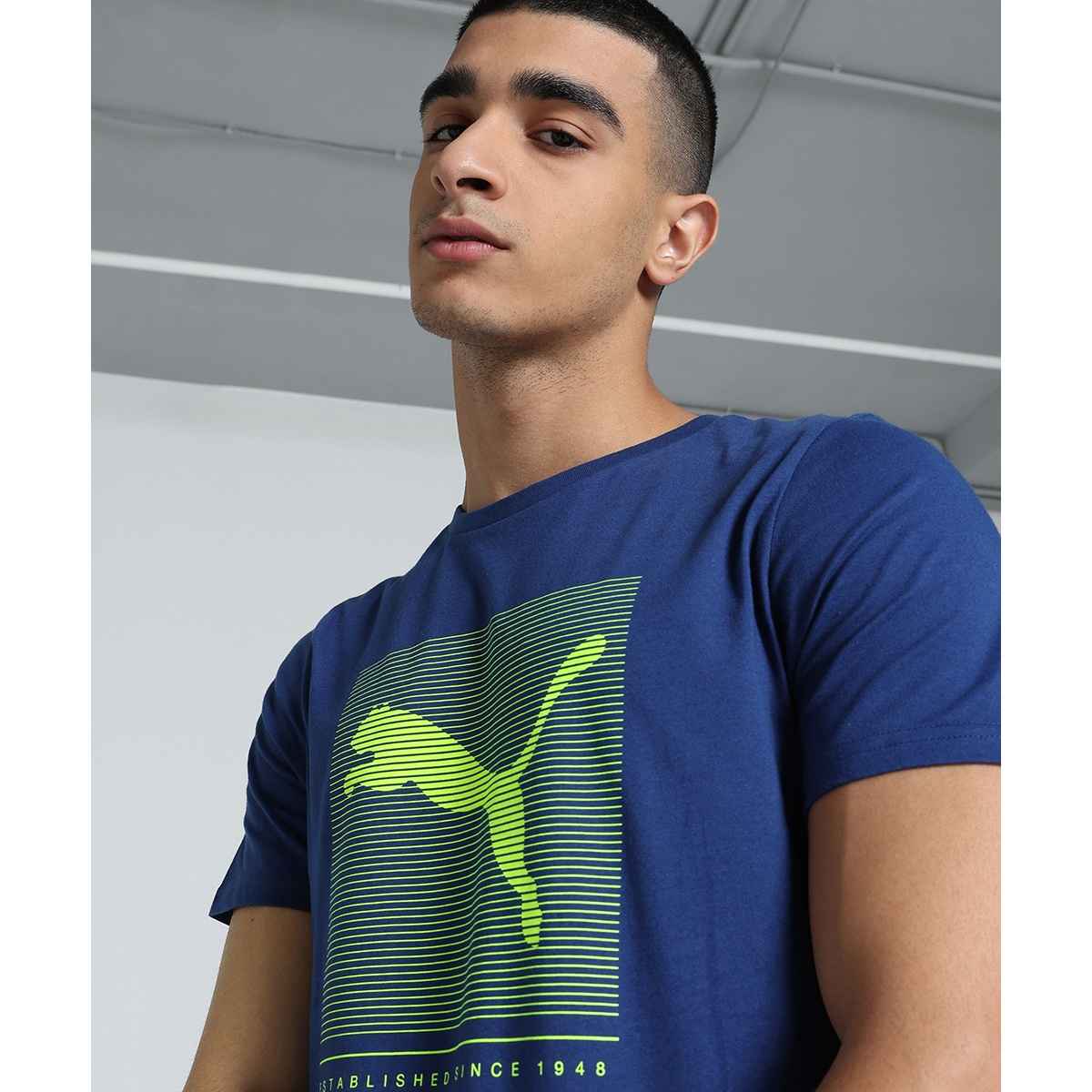 Puma Men's T-Shirt Striped Logo Graphic - Blue | S
