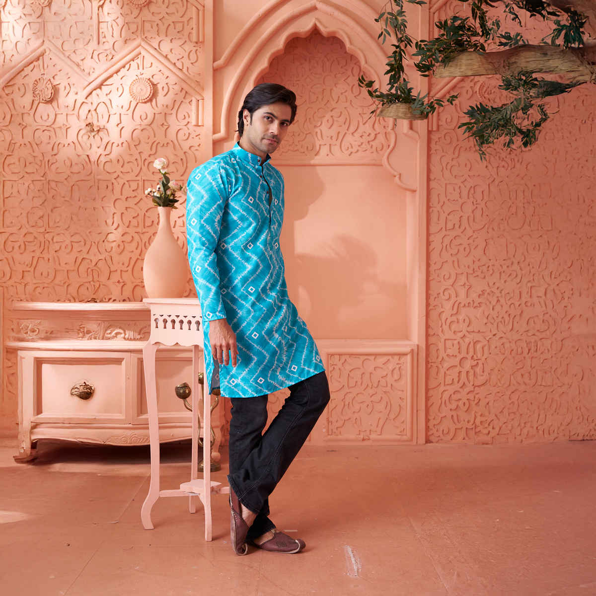 House Of Festivals Men's Printed Cotton Blend Tie & Die Look Long Kurta | Blue - M