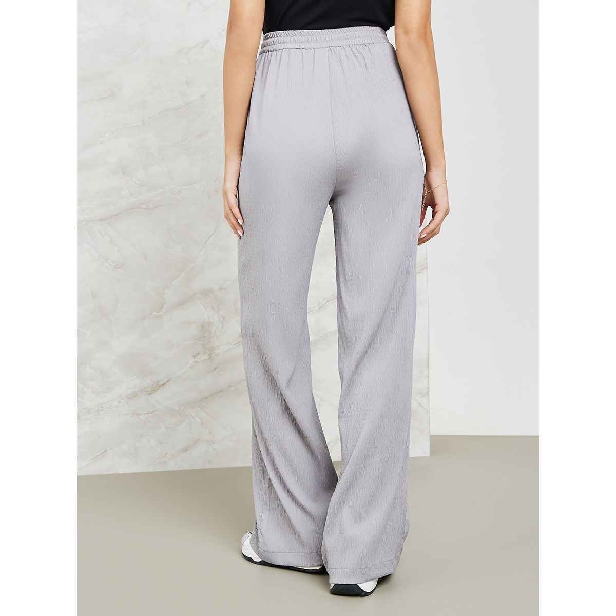 Styli Women Textured Wide Leg Pants with Side Pocket | Grey | L