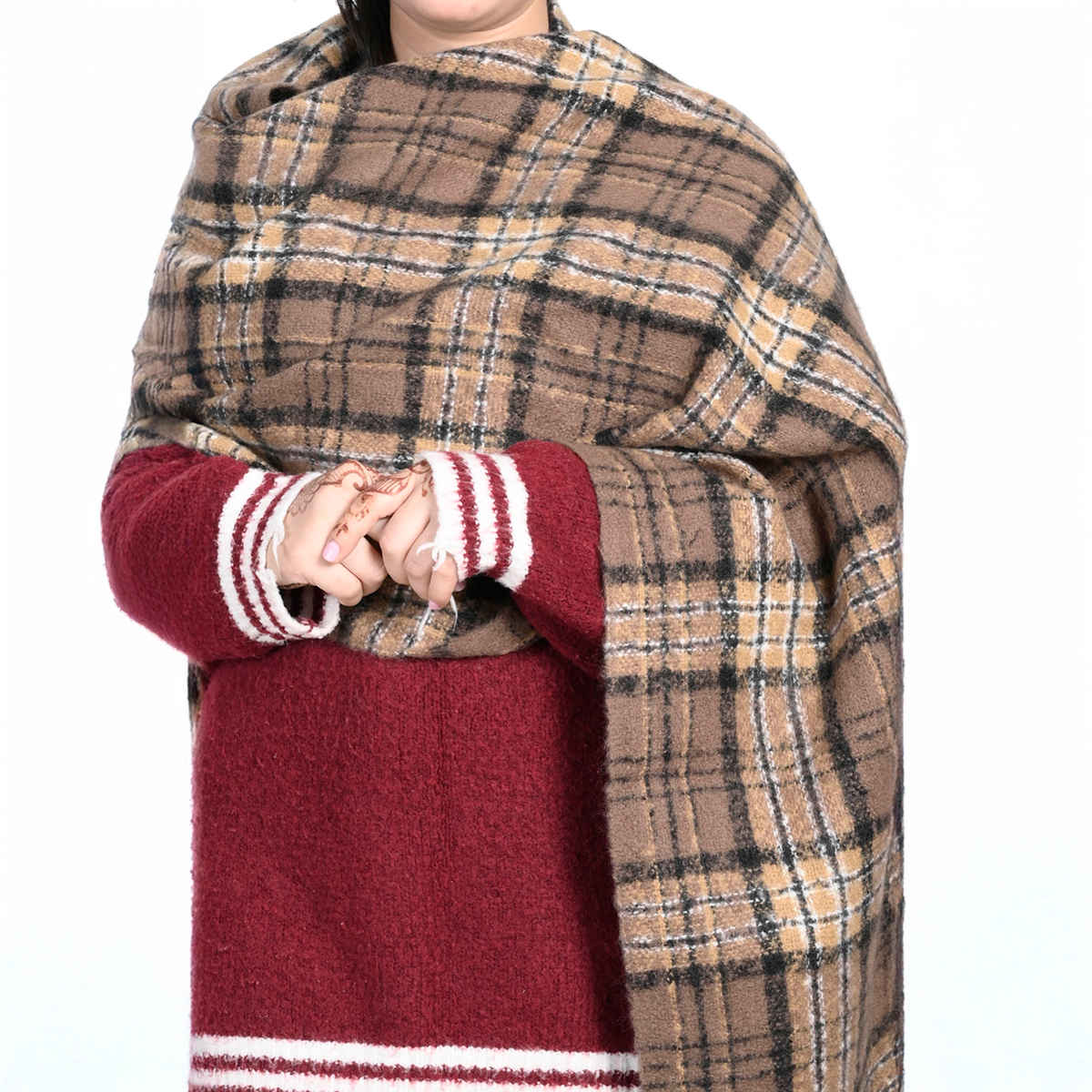 Calvadoss Women's Checked Stole With Fringed Border | STL1530 | Brown and Beige