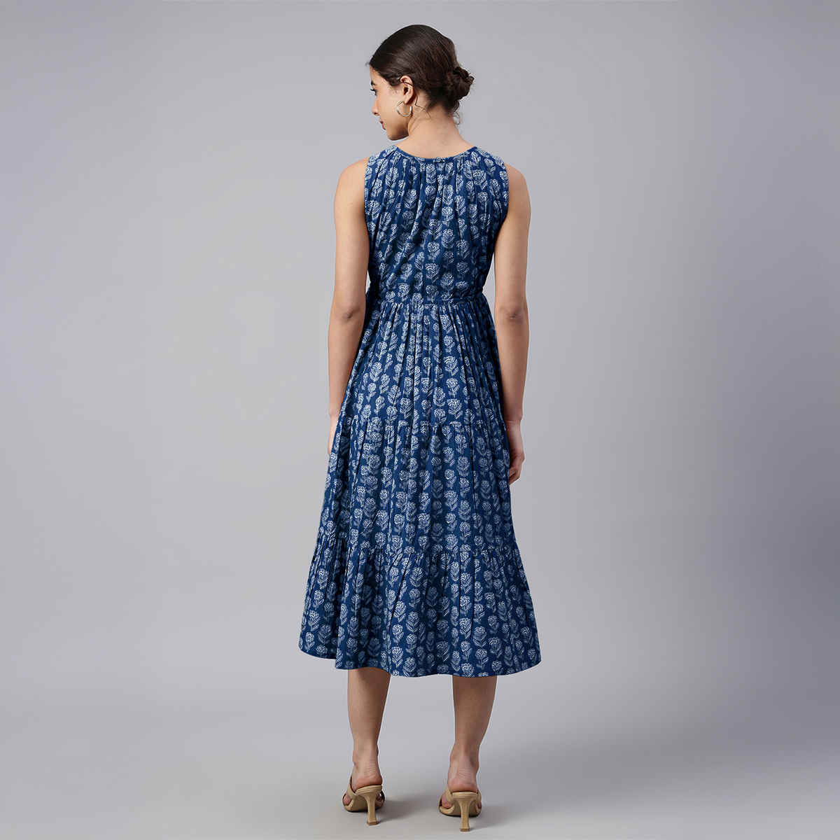 Janasya Women's Pure Cotton Floral Printed Tiered Dress | JAC24DR01521 | Indigo - L