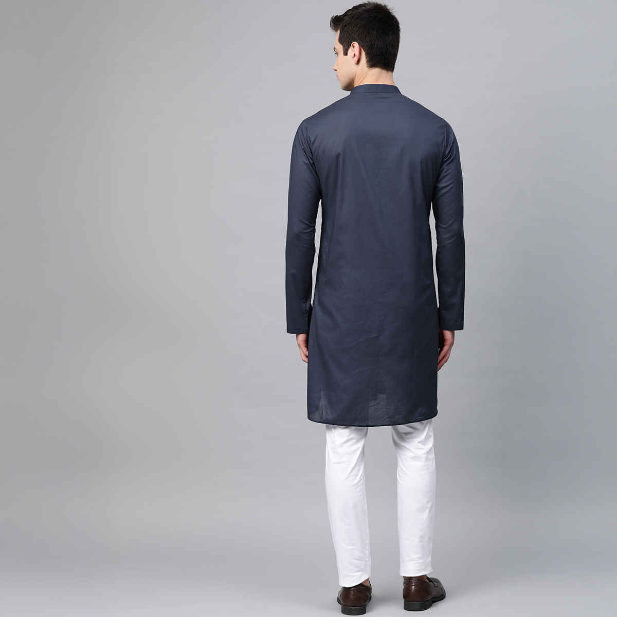 See Designs Men's Embroidered Straight Kurta | Navy Blue - XL