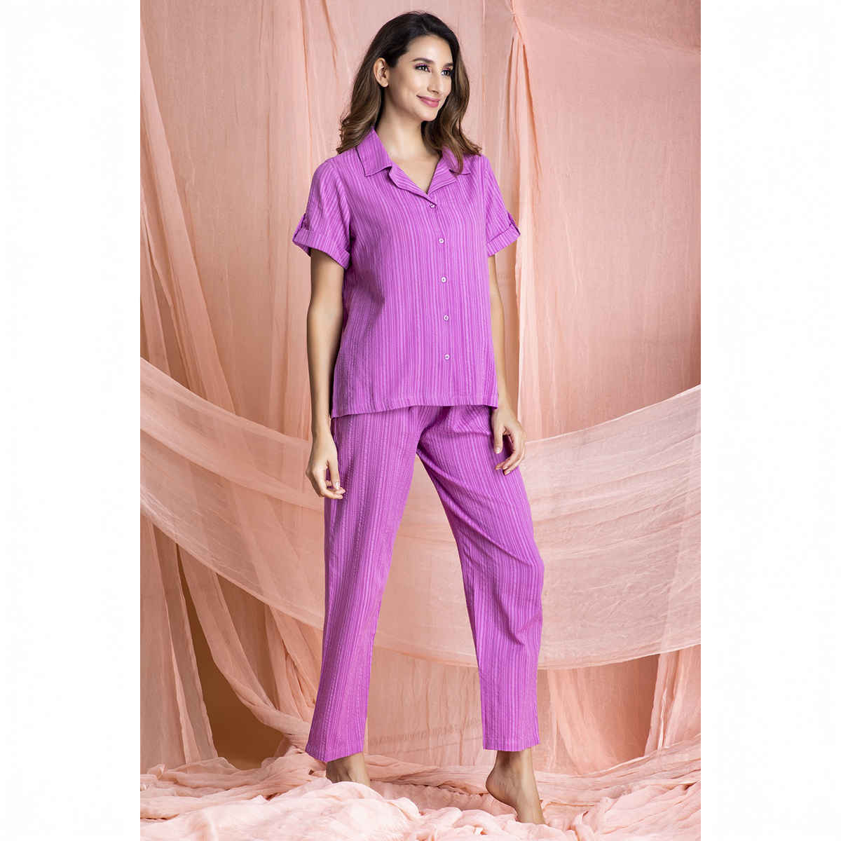 Clovia Sassy Stripes Cotton Button|Down Shirt and Pyjama Nightsuit | Purple | S