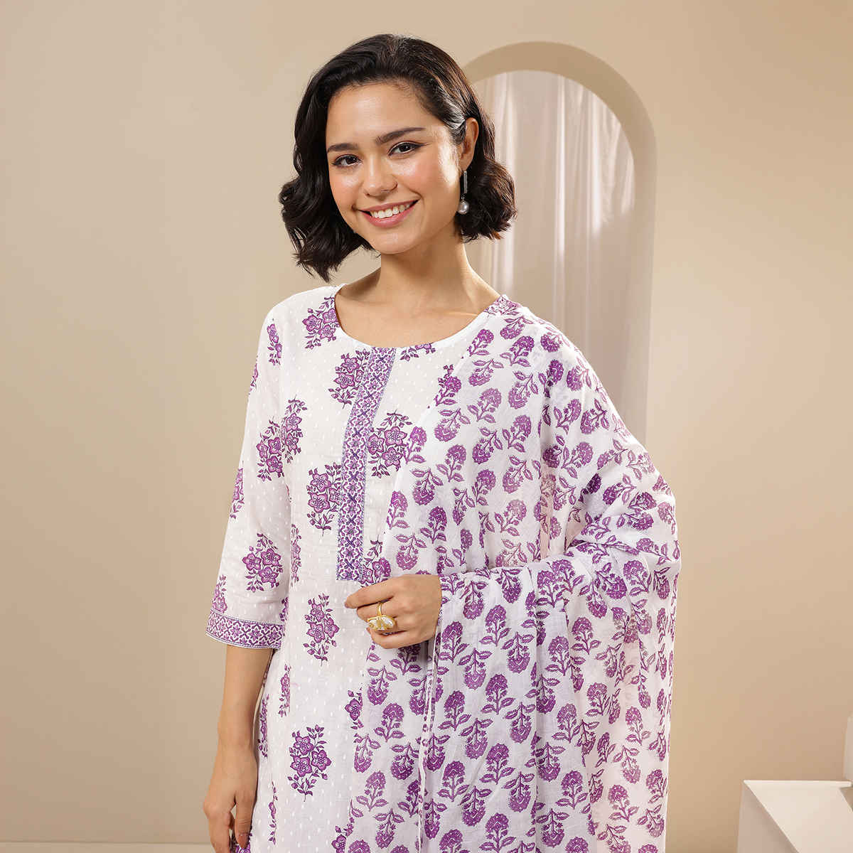Libas Women's Printed Cotton Straight Suit Sets With Dupatta | 99567 | Off White - S