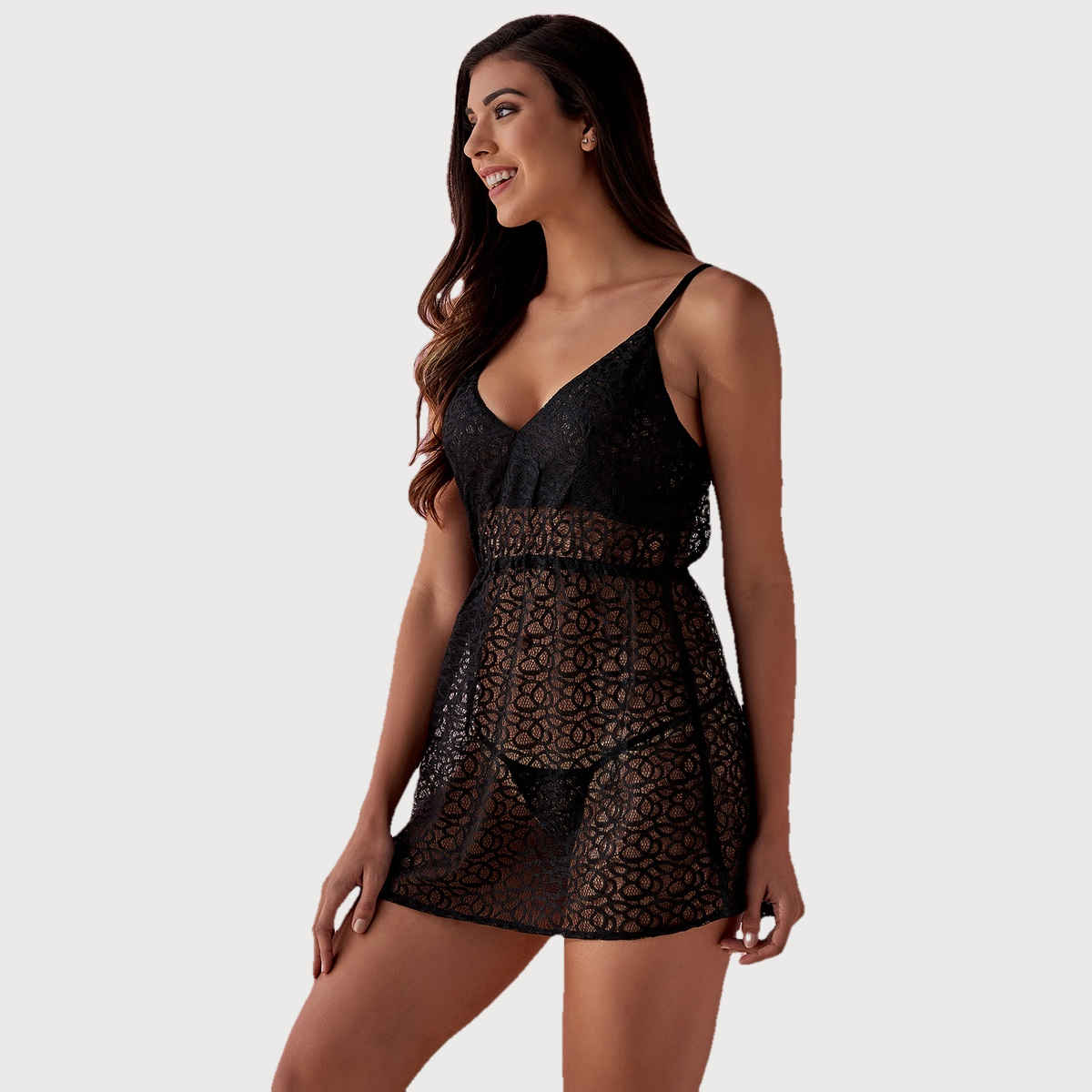 Clovia Sheer Babydoll with Matching G-String in Black - Lace | NS1300D13 | Black | M