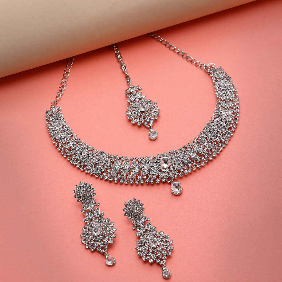 Sukkhi Fashion Rhodium Plated Silver Stone Studded Choker Necklace Set