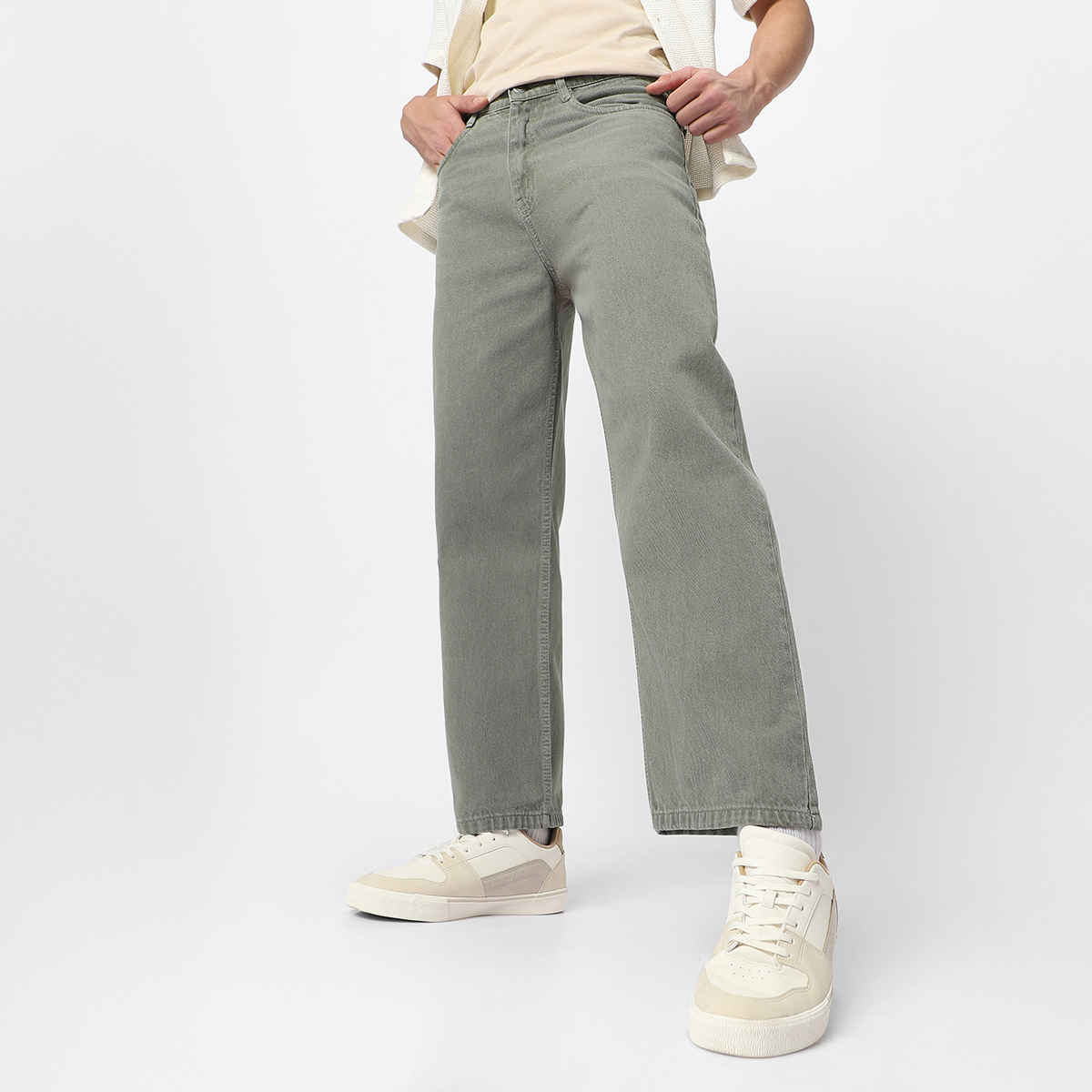 Urbano Fashion Men's Olive Green Loose Baggy Fit Washed Jeans Non-Stretchable-32