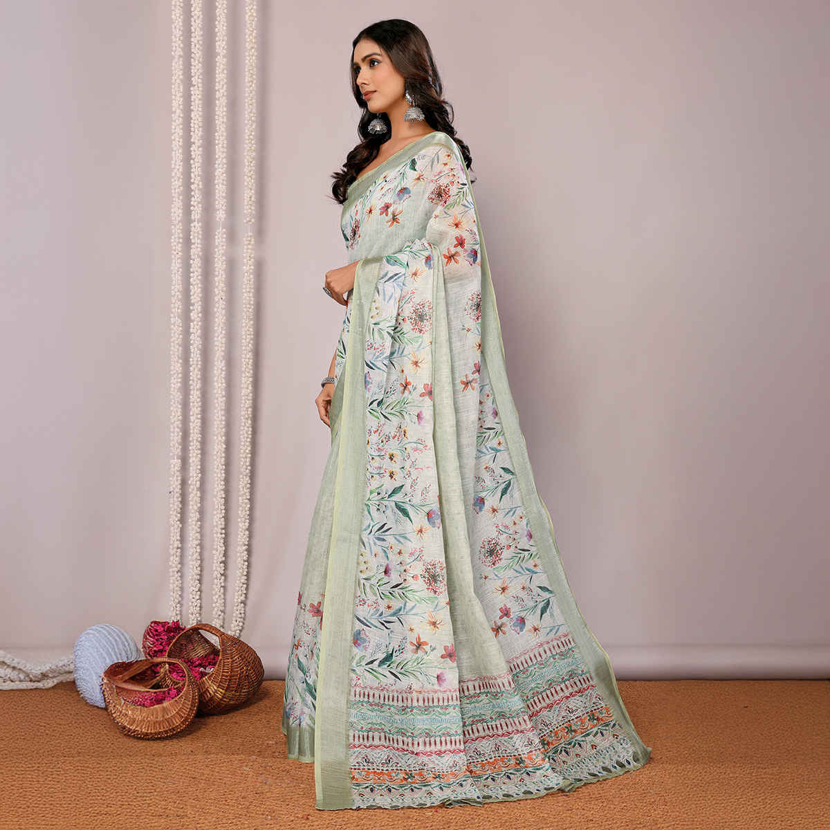 Janasya Women's Cotton Linen Floral Printed Saree with Blouse Piece | SAR447 | Light Green