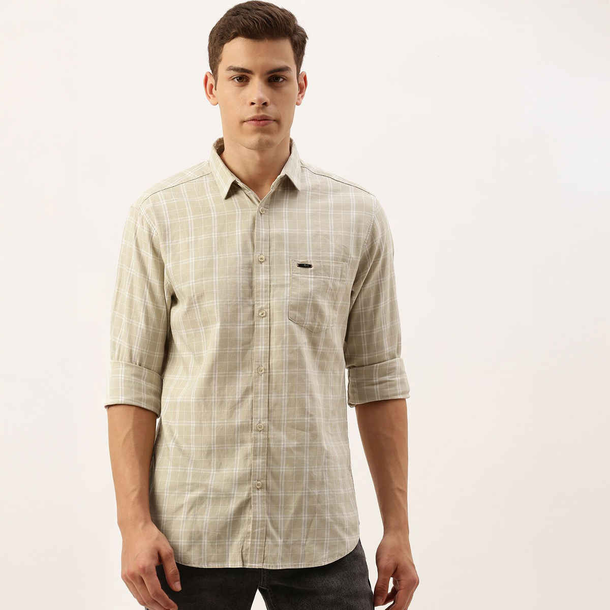 The Indian Garage Co Men's Slim Fit Checkered Casual Shirt | Beige - XL