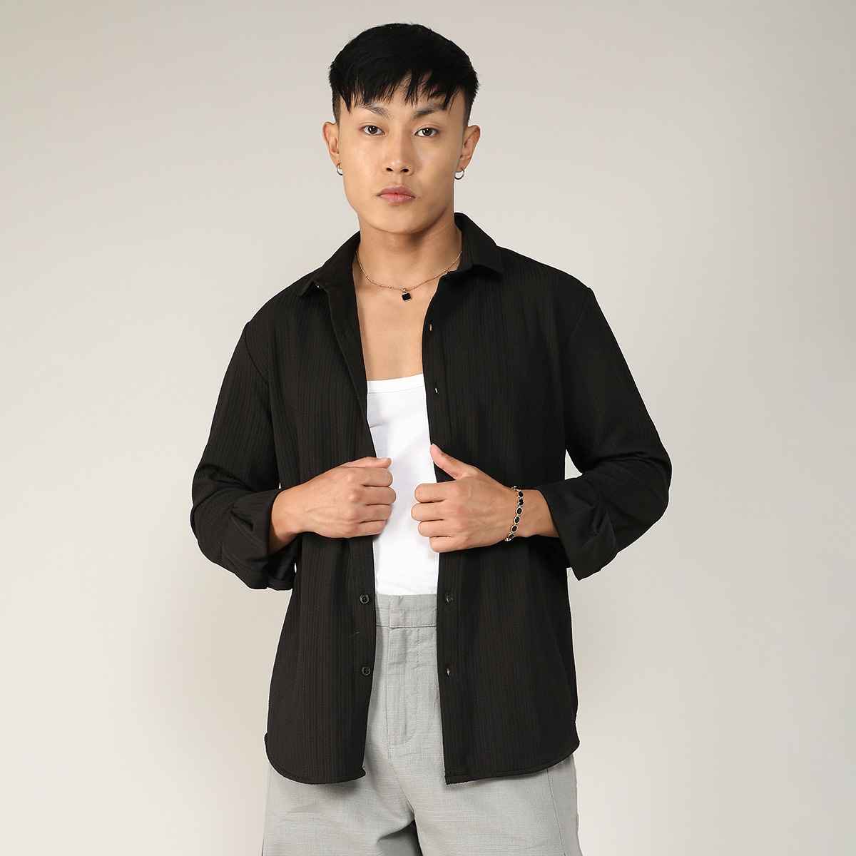 Campus Sutra Men's Stripe-Creased Shirt | Black - L