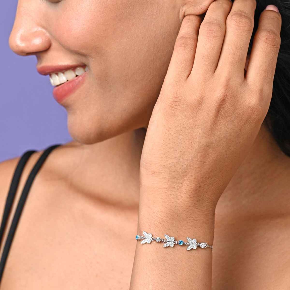 Clara 925 Pure Silver Blue Butterfly Hand Bracelet | Adjustable | Anti Tarnish | Swiss Zirconia