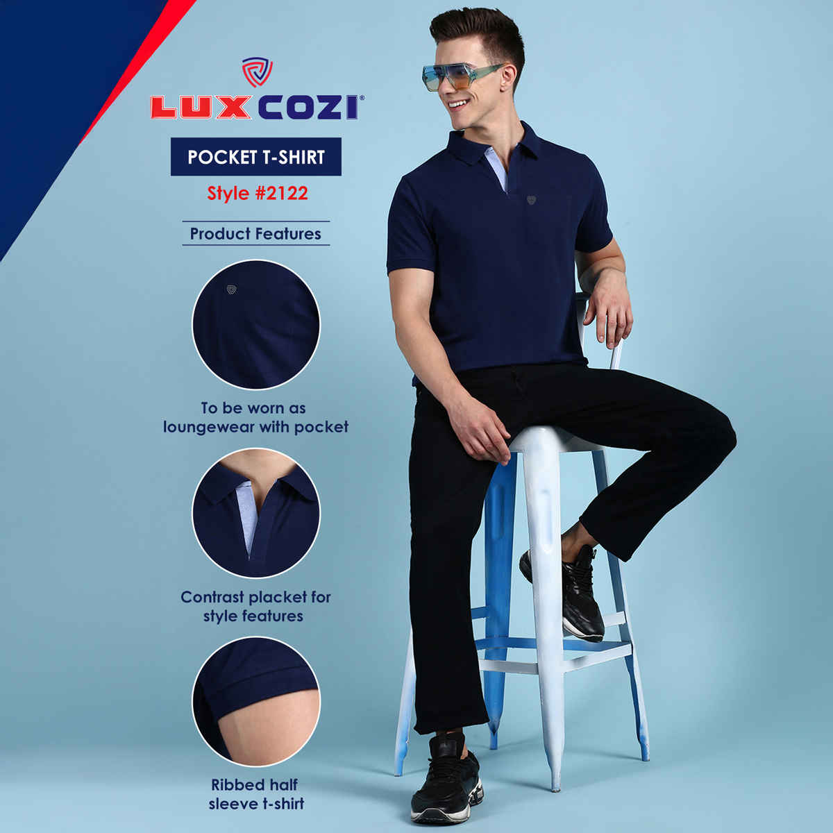 Lux Cozi Men's Solid Cotton Polo T-shirt with Pocket | Ink Blue - S