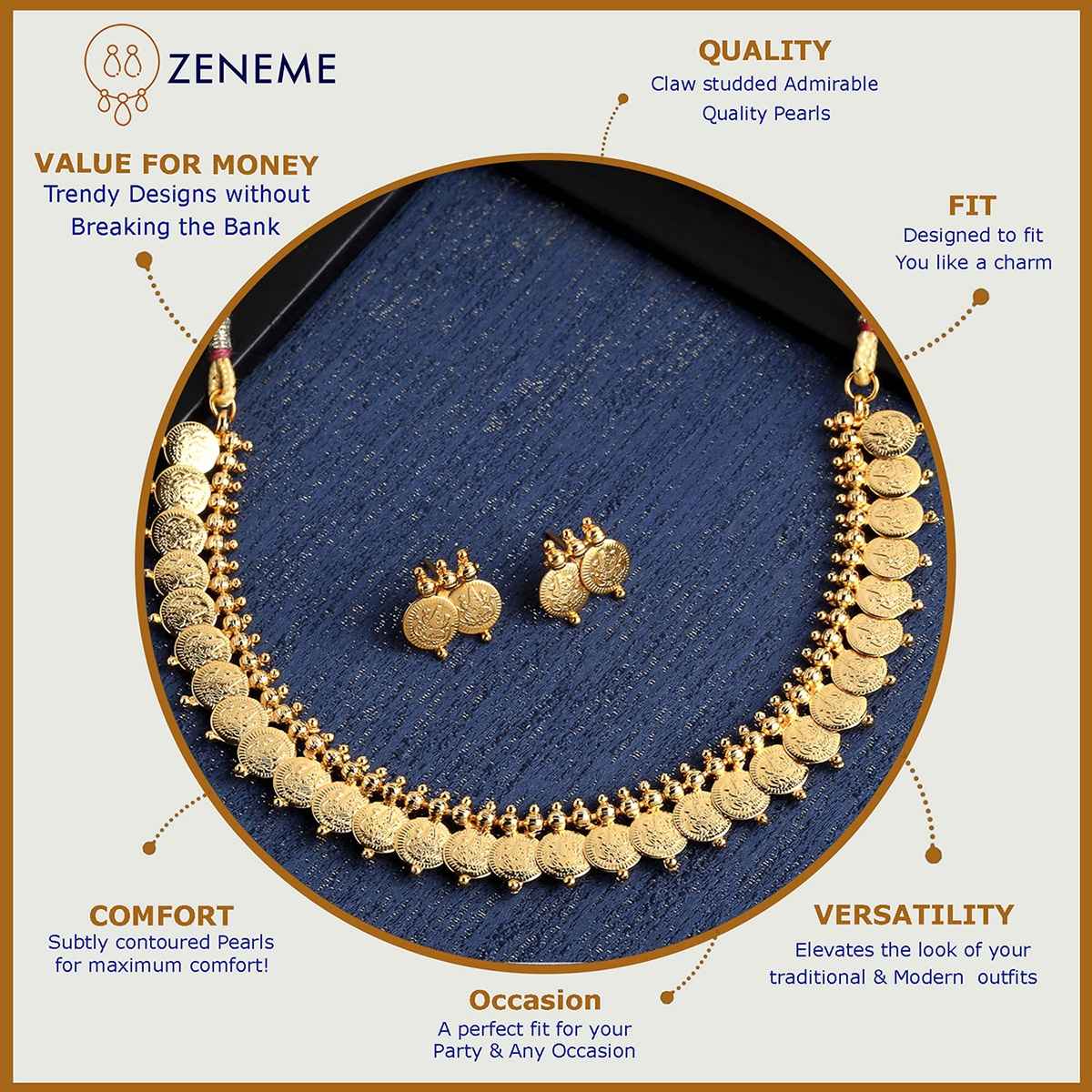 Zeneme Gold Plated Laxmi Temple Coin Necklace Set With Earrings Jewellery For Women & Girls