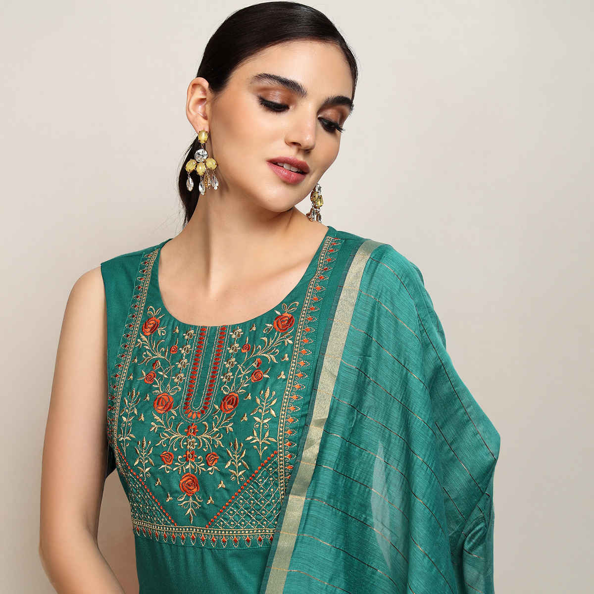 Vishudh Women's Embroidered Straight Kurta With Pants And Dupatta | PVK3000011 | Green - XL