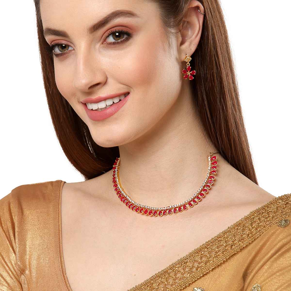 Zeneme Gold-Plated Red American Diamond Studded Necklace With Earring Set For Women & Girls