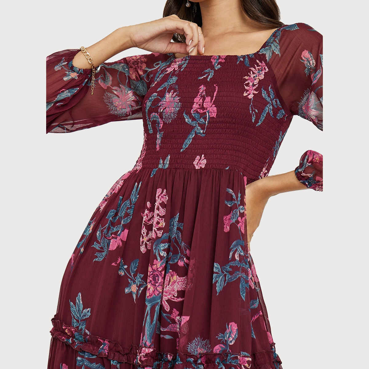 Styli Women's A-Line Maxi Dress with Floral Print and Ruffle Detail | Burgundy - XXL