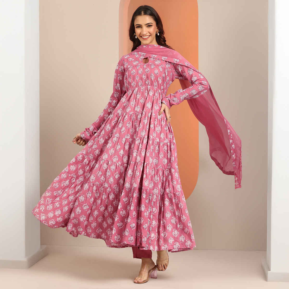 Libas Printed Cotton Anarkali Suit Set With Dupatta | 400501H | Mauve - L