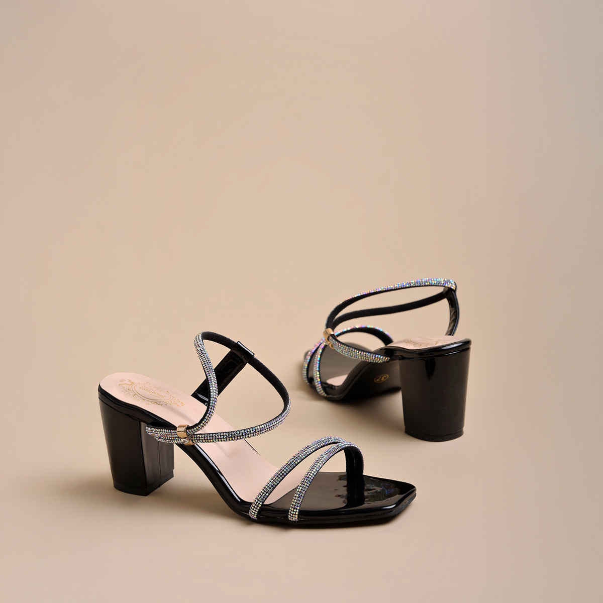 Shoetopia Women's Embellished Rhinestones Strap Heels | Heel-1246 | Black - UK 5