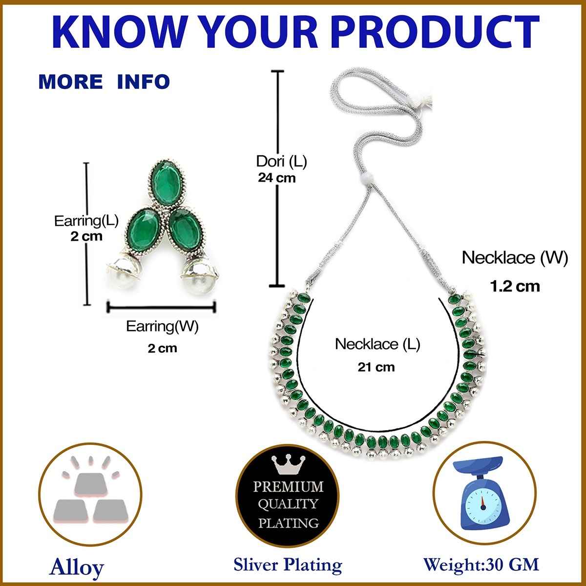 Zeneme Oxidised Silver Traditional Green CZ Necklace With Earrings Jewellery For Women & Girls