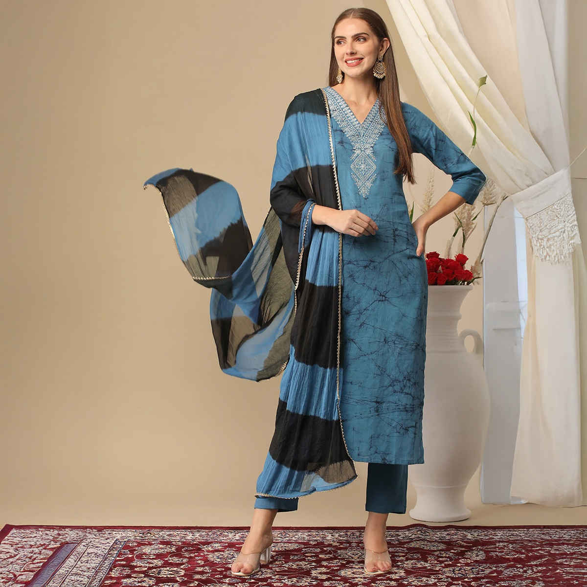 GoSriKi Women's Viscose Rayon Straight Printed Kurta with Pant & Dupatta | Blue - XL