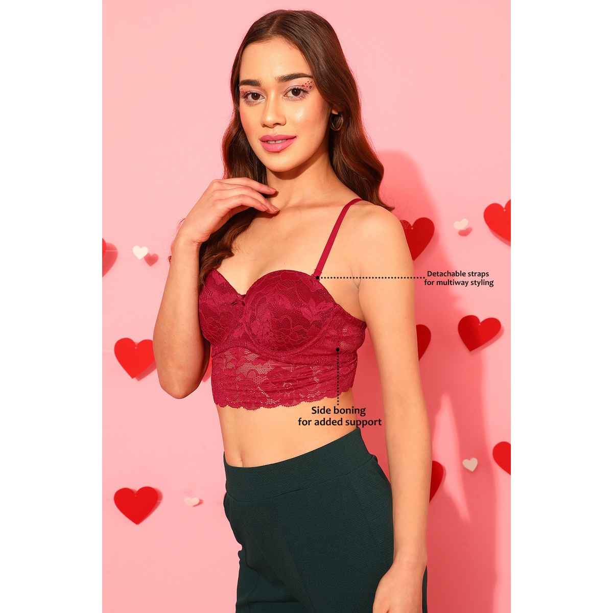 Clovia Women Padded Underwired Full Coverage Multiway Longline Bralette - Lace | Red | 38D