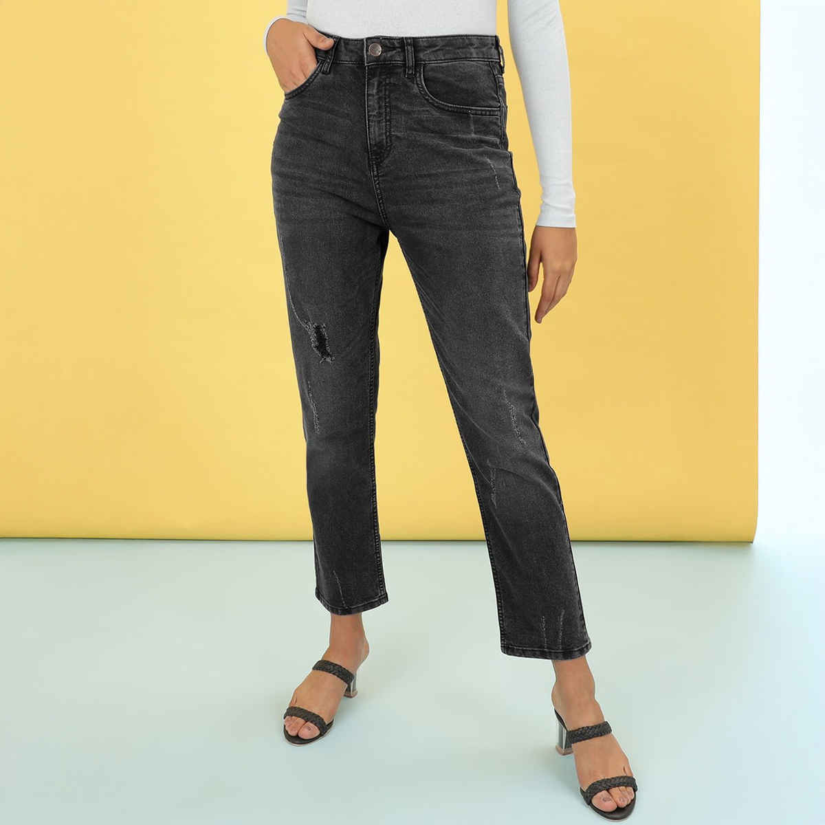 Freehand Women's Distressed Straight Fit Jeans | Grey - 34