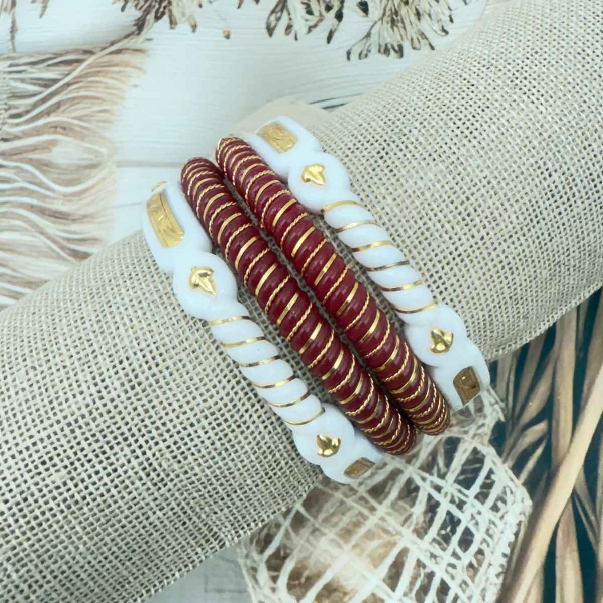 The Opal Factory | Sakha Pola | Gold Line Plastic Bangle | White and Red - 2.4