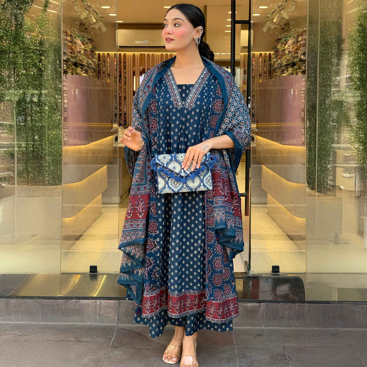 GoSriKi Women's Viscose Rayon Anarkali Printed Kurta with Pant & Dupatta | NAKULA | Blue - S