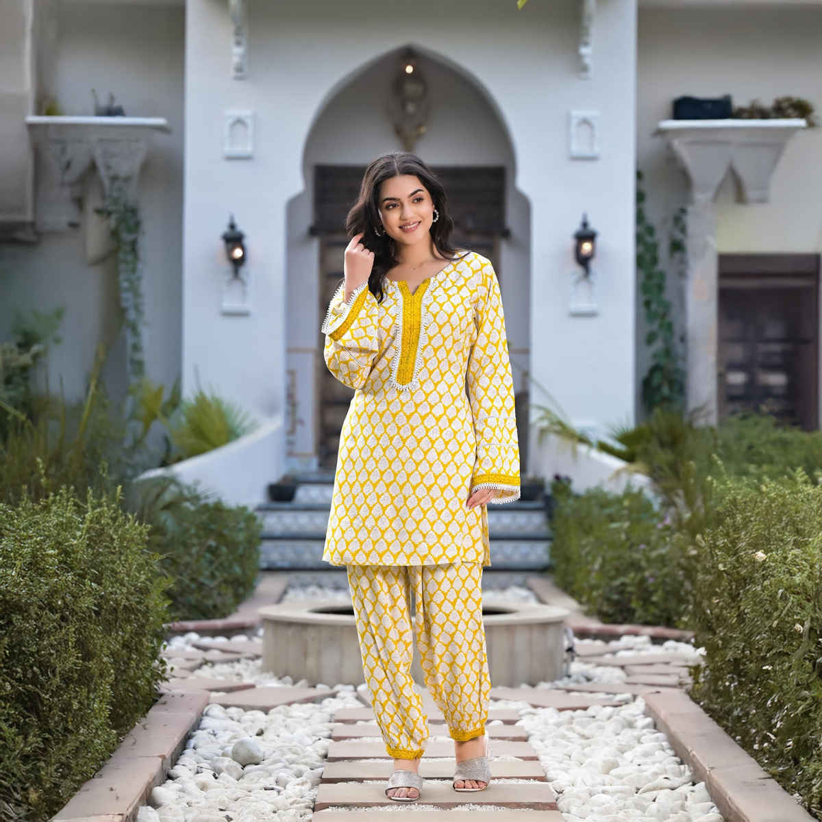 Divena Women s Yellow Floral Print Rayon Co-ord set | DK1085 | L