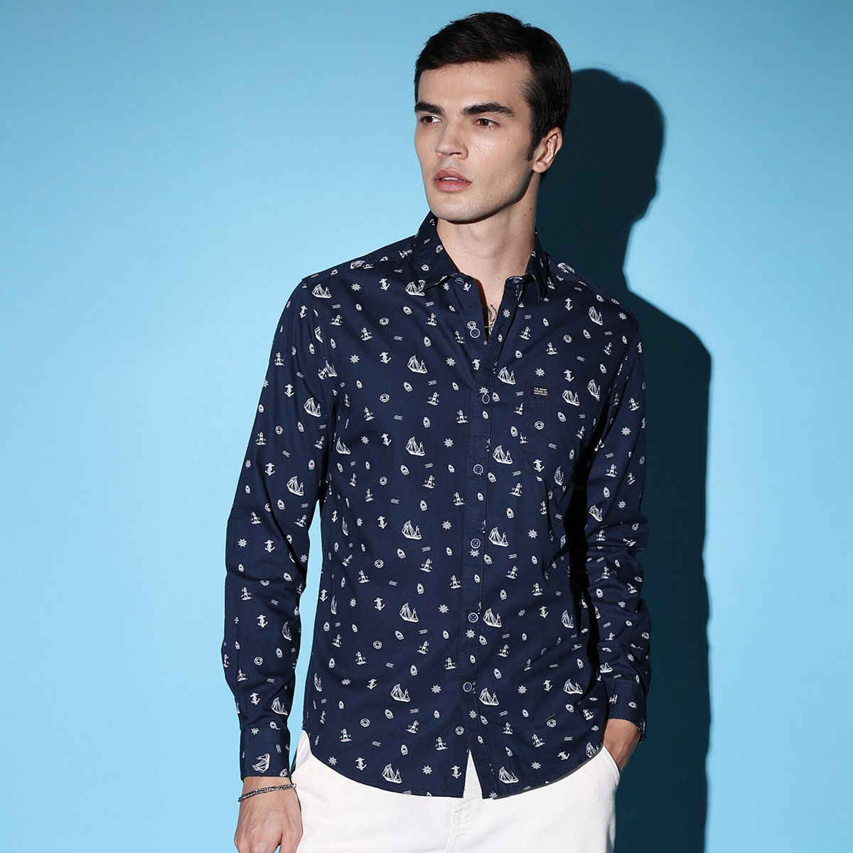The Indian Garage Co Men's Slim Fit Conversational Print Casual Shirt | Navy Blue - 2XL