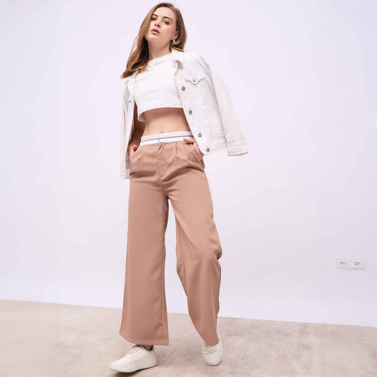 Styli Women's Solid Wide Leg Pant with Cut & Sew Constructive Waistband | Beige - M