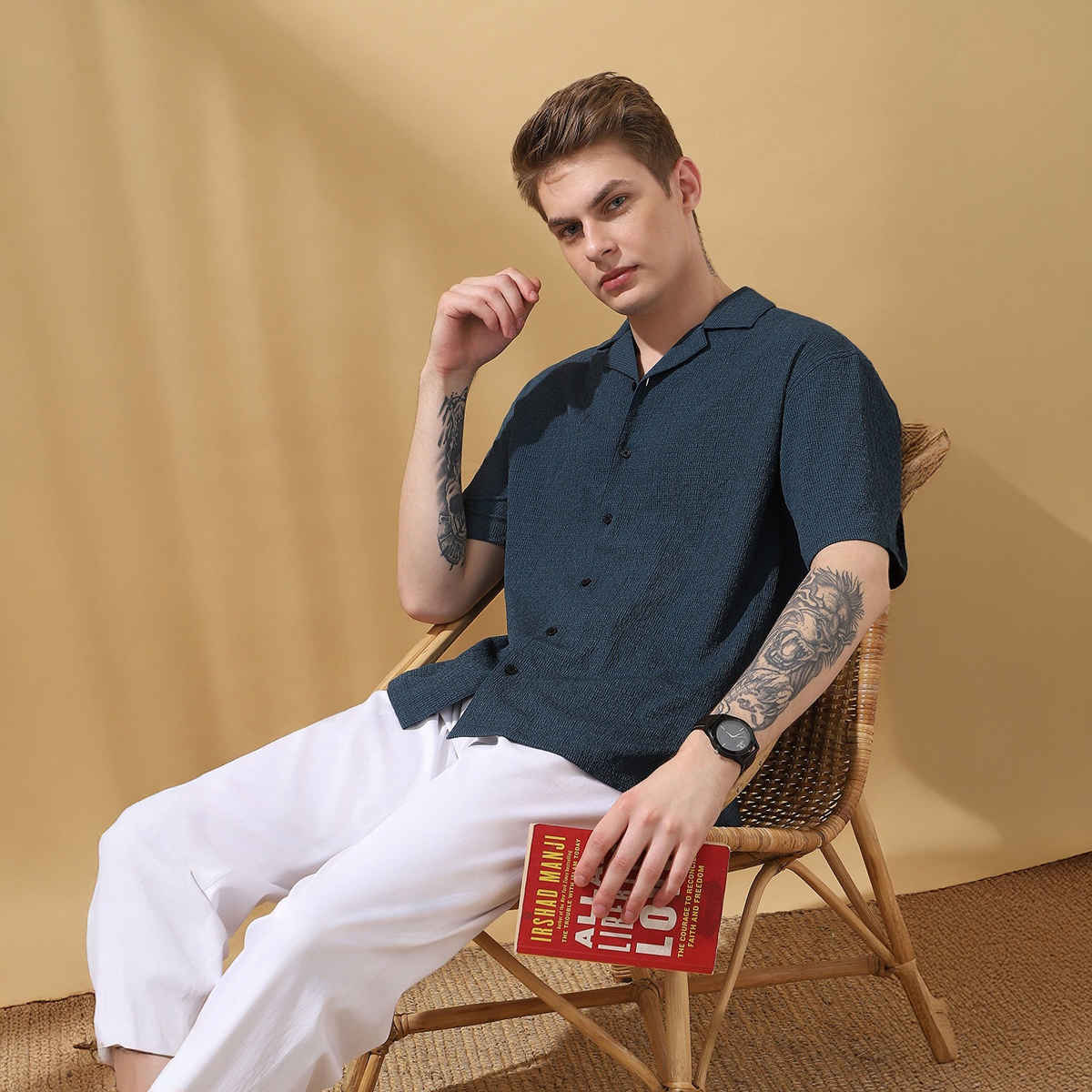 Dennis Lingo Men's Relaxed Fit Cuban Collar Textured Casual Shirt | DLMSHS25208 BL-XXL | Blue - XXL