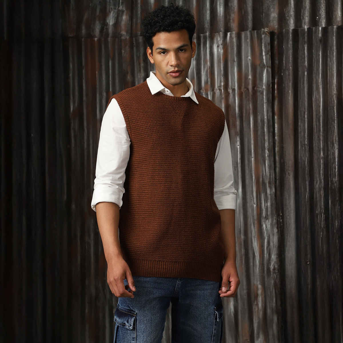High Star Men's Sleeveless Round Neck Pullover Vest | Brown - L