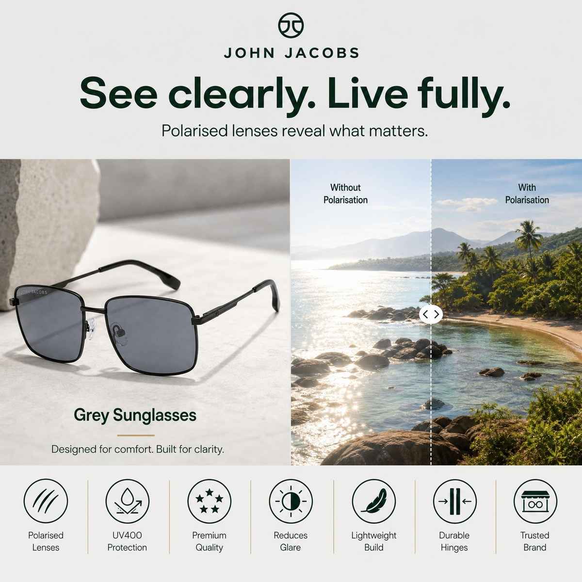 John Jacobs By Lenskart Unisex Solid Metal Rectangular Sunglasses | Black and Grey - Extra Wide